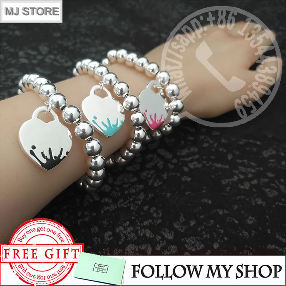 

Ladies Classic S925 Sterling Silver Splash Heart Shaped Blue Pink Black Enamel 8mm Round Bead Bracelet Luxury Brand Jewelry Gift
