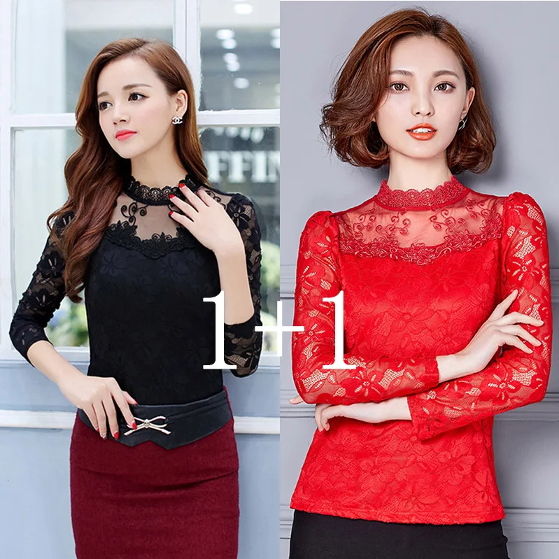 Femininas Blusas, женские блузки, весна-осень, модные сексуальные облегающие Рубашки, Топы, кружевные, с длинным рукавом, с круглым вырезом, для отдыха, черные/белые S-5XL - Цвет: Black-Red