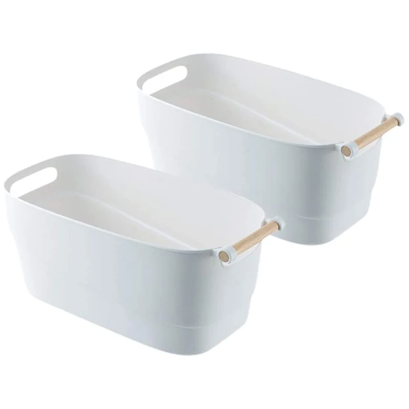 

Storage Bins with Wood Handle, Set of 2,White Matte Plastic Organizer Bucket Container for Pantry Shelf, Kitchen, Closet