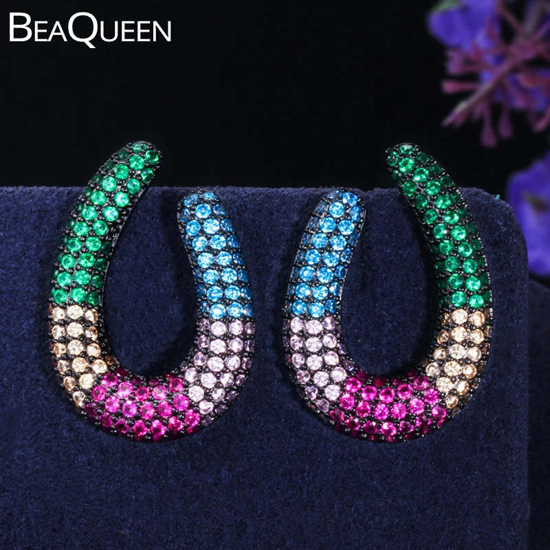 

BeaQueen Luxury Designer Black Gold Color Rainbow CZ Crystal Jewelry for Women Green Red Cubic Zirconia Big Stud Earrings E315
