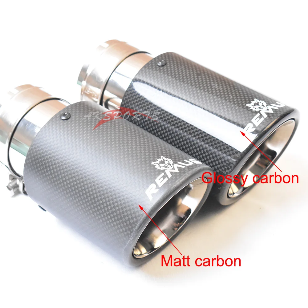 

1PC Car Exhaust Tail Pipe Curly Glossy Carbon Fiber Stainless Steel Bevel Edge Muffler Tip With Remus Logo