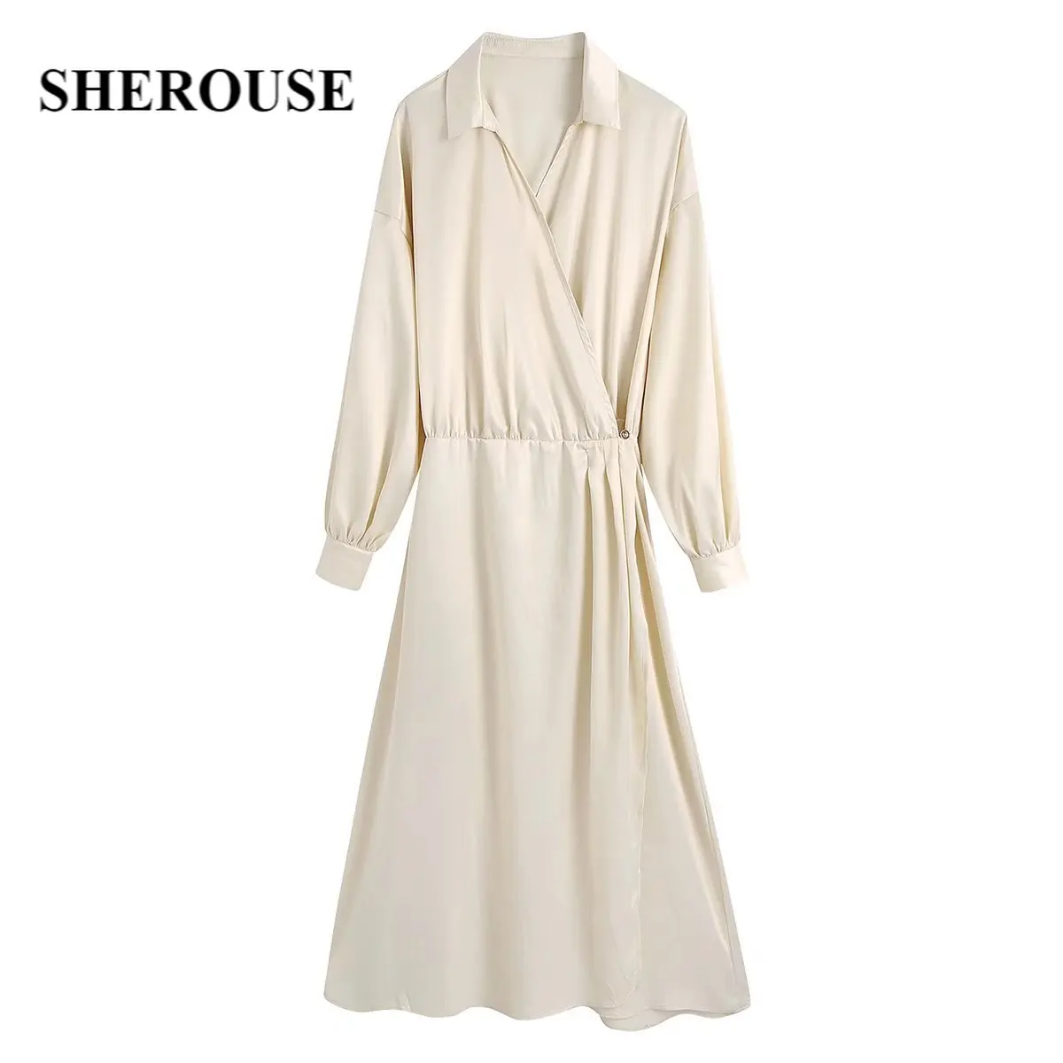 

Женское платье-миди Sherouse, бежевое приталенное платье с разрезом по бокам, винтажное платье с длинным рукавом и v-образным вырезом