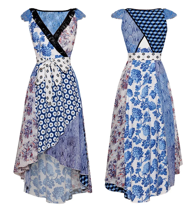 VERDEJULIAY Runway Summer Dress Women Luxury New Fashion Patchwork Dot Flower Print V-Neck Irregular Sexy Dress Vestidos