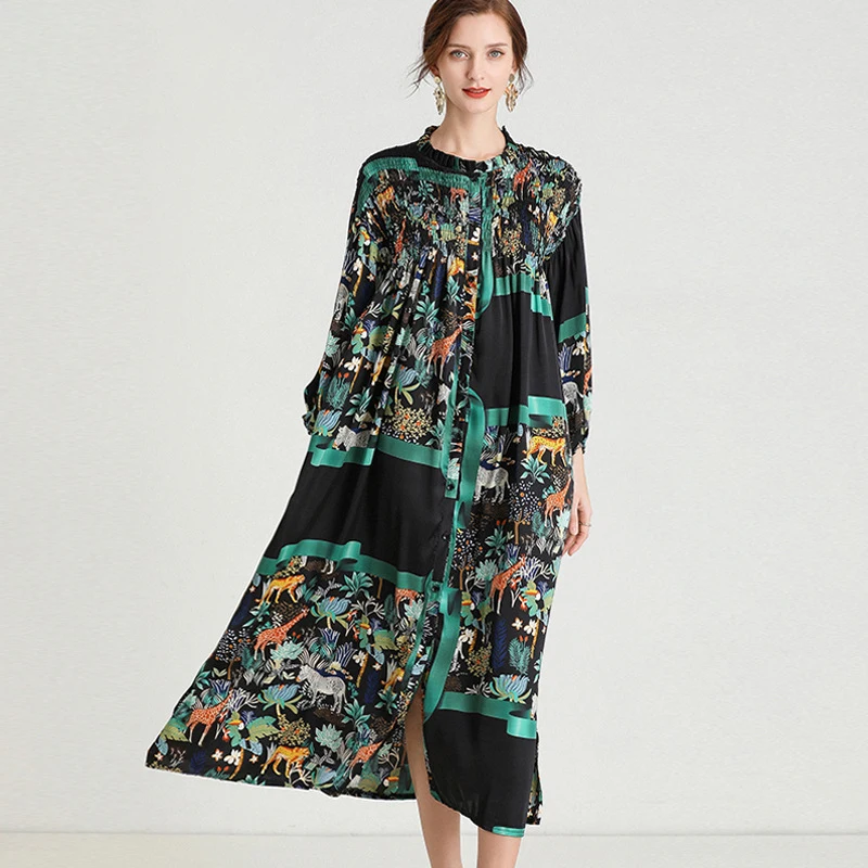 

202NeW Spring Long dress Lantern Sleeves Loose Pleated Printed Beach Chiffon Dress Vintage Elegant Longos Vestidos Plus size 4XL