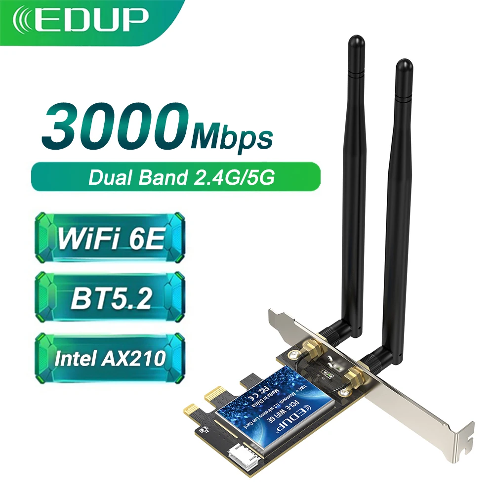 

Беспроводной адаптер Wi-Fi EDUP WiFi6E Intel AX210, 5374 Мбит/с, PCI Express, 802.11ac/AX 2,4G/Blue-tooth5.2/6 ГГц PCIe Wi-Fi сетевая карта