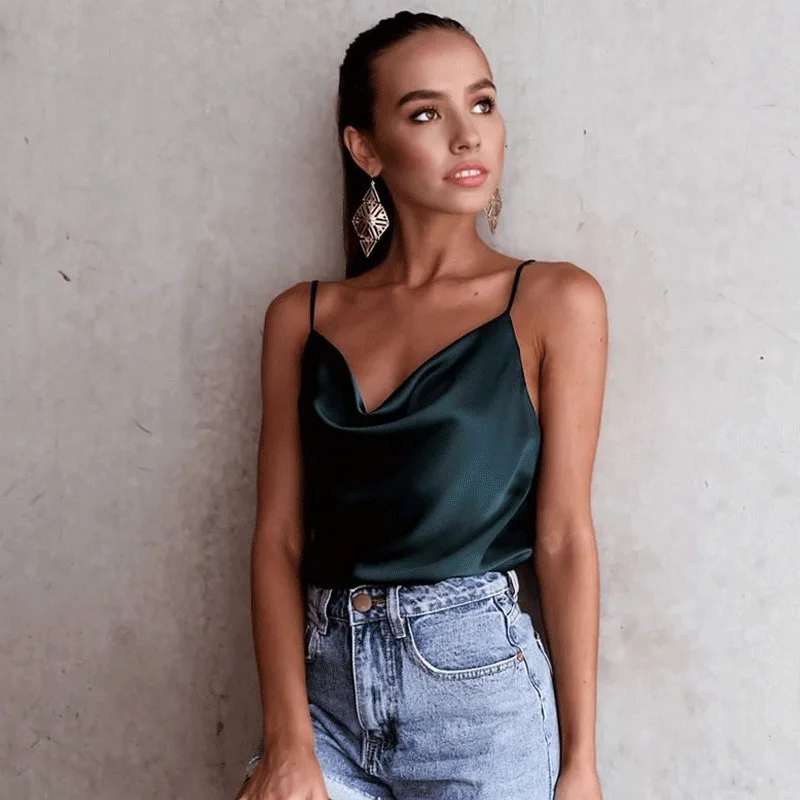 

New Hot Sale Fashion Women Casual Style Satin Silk V Neck Lace Vest Tops Strappy Summer Beach Cami Tank Top Elegant Plain