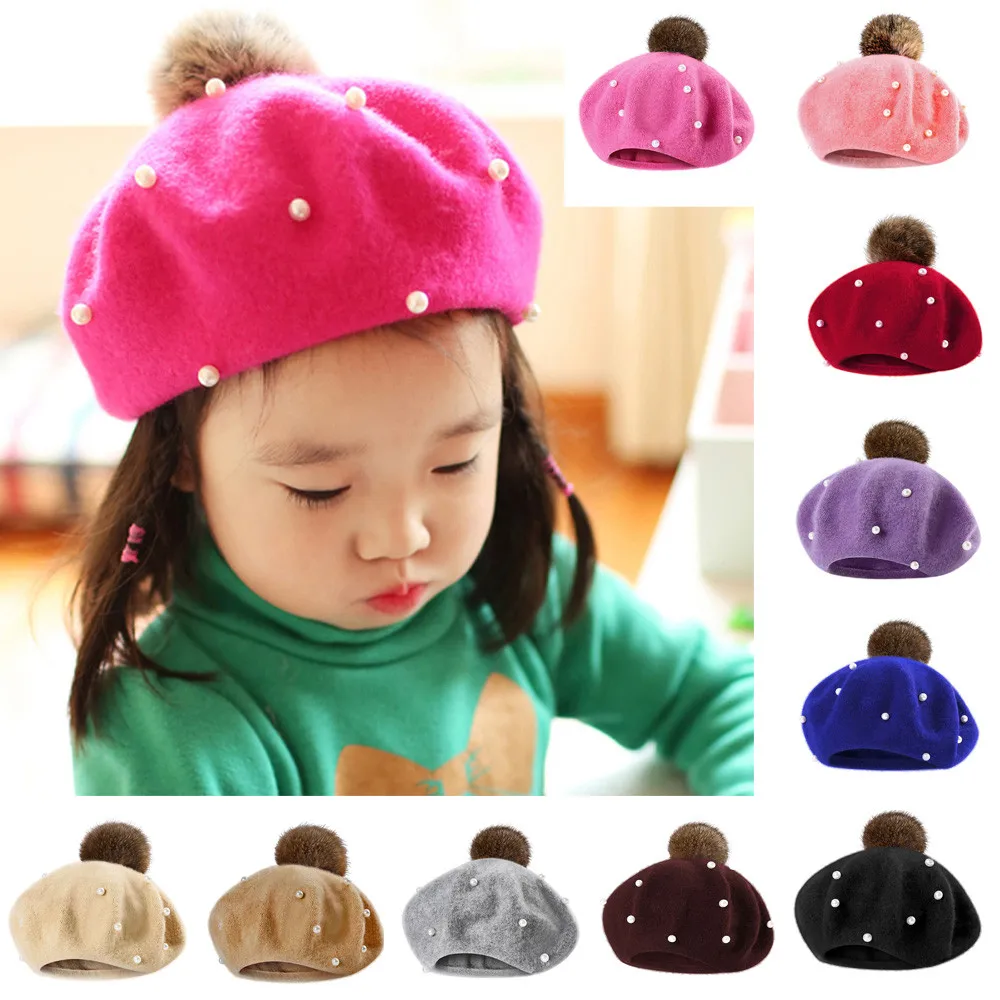 

Cute Baby Kids Beret Beanie Classic Style Wool Felt Girls Pearl Hairball Beret Hat Keep Warm Winter Soft Solid Color Beret Hats