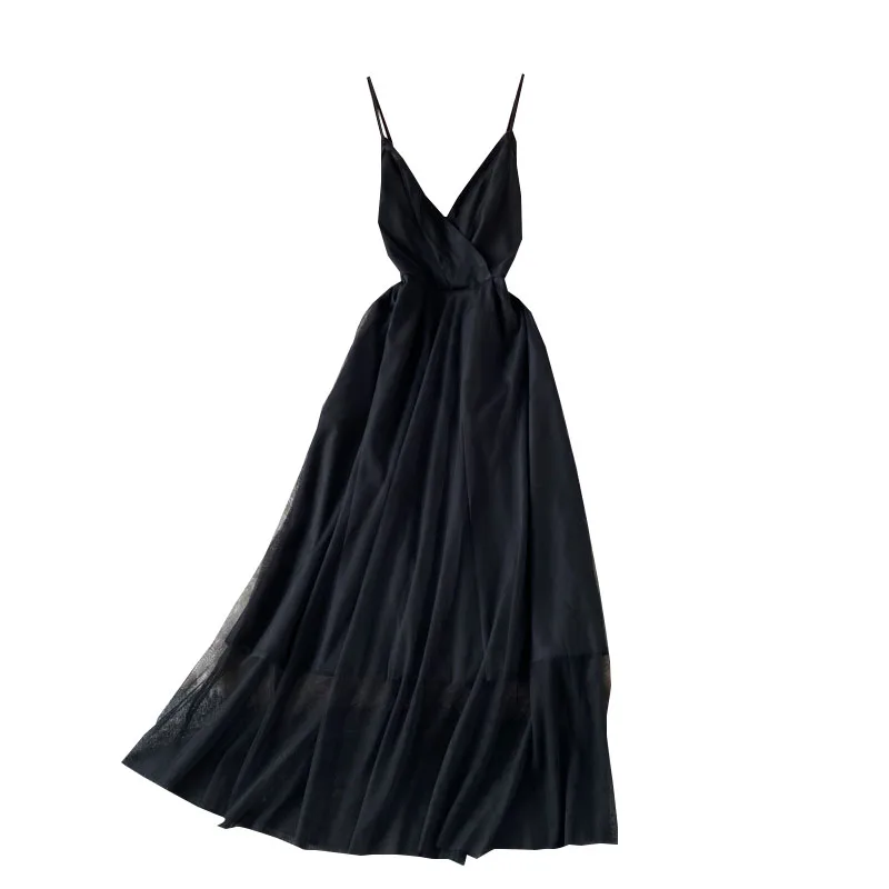 

2021 Summer Seaside Vacation Beach Vestidos Female V-neck Mesh Stitching Halter Strap Midi Dress C874
