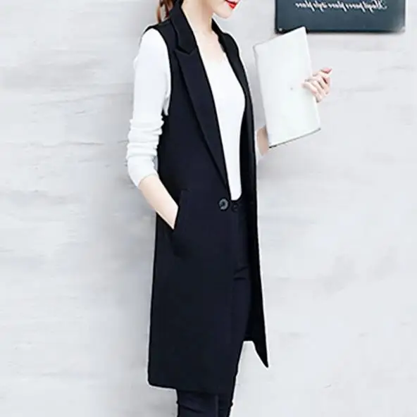 Vintage Suit Vest Women Spring Summer Sleeveless Long Jacket Colete Plus Size 3XL Blazer Coat Waistcoat DV221 | Женская одежда