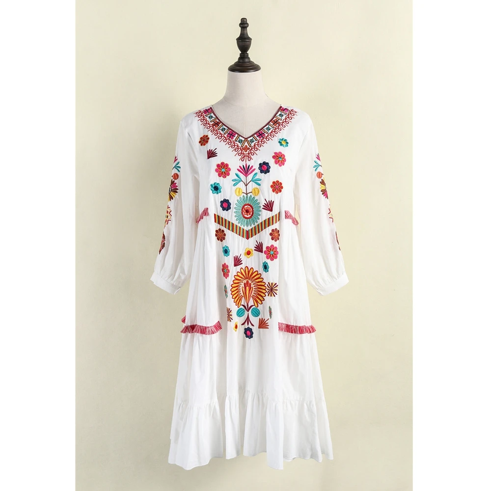 

Lugentolo Bohemian Dress Women Plus Size Embroidery Print High Waist V-neck Big Swing Cotton Loose Casual Fashion Summer Dress