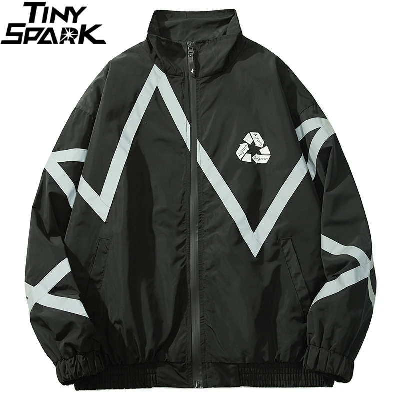 Мужская ветровка в стиле хип хоп черная Повседневная Светоотражающая куртка на