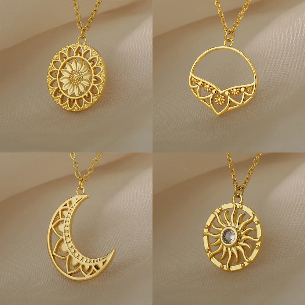 

2021 Trendy Vintage Sun Moon Stainless Steel Necklace Boho Charm Celestial Dainty Necklaces For Women Collier Femme Jewelry Gift
