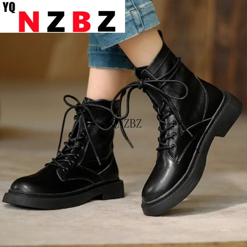 

PU Leather Women's Ankle Casual Boots 2021 Autumn New Round Head Lace Up Side Zipper Fashion Platform Women's Motorcycle Boots