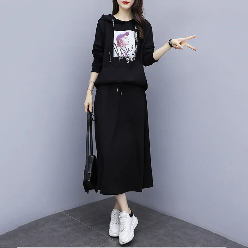 

Plus Size Ladies Suit 2020 New Slimming Age Reduction Spring Autumn Two-Piece Suit Korean Long-Sleeved Hooded Set A825