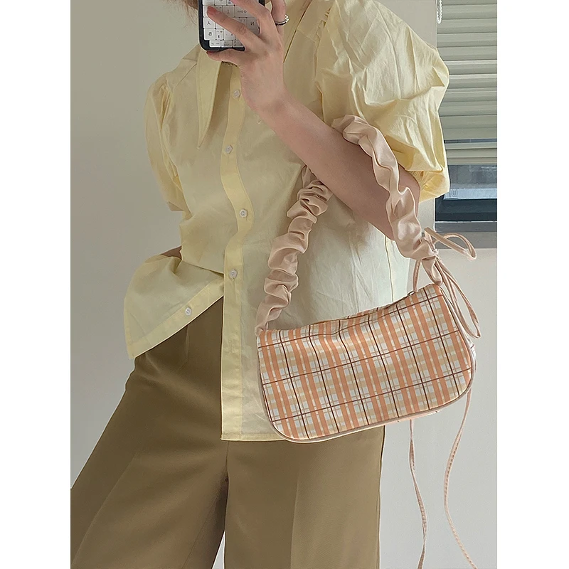 Plaid Fold Drawstring Handbag for Women 2021 New Girls Cute Nylon Small Shoulder Underarm Bag Retro Design Ladies Messenger Bags