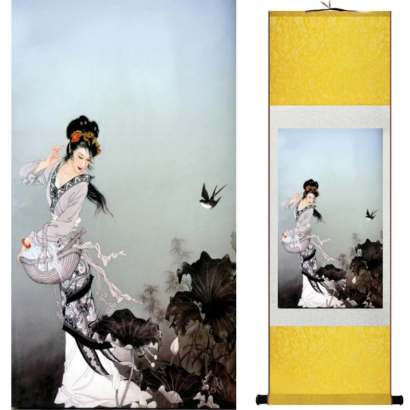 Красота девушка Традиционный китайский художественная роспись шелк прокрутки