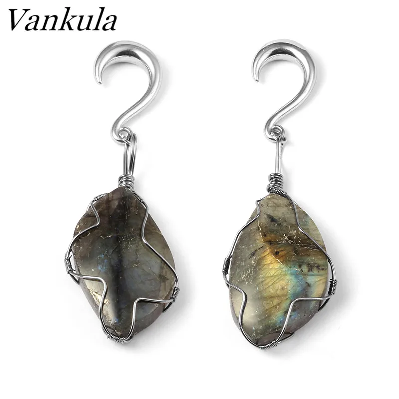 Vankula 316L Stainless Steel Ear Plug Tunnels Body Piercing Ear Gauges Expander Natural Stone Ear Weights Pair Selling