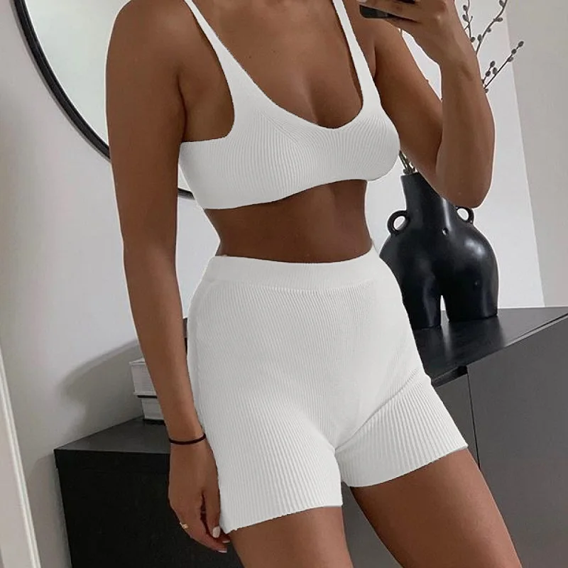 2 Piece Lounge Sets Rib Knit Sexy Women's Pajamas Shorts Crop Top Pyjama Suit Female Cotton Sleepwear Home Lingerie White Black