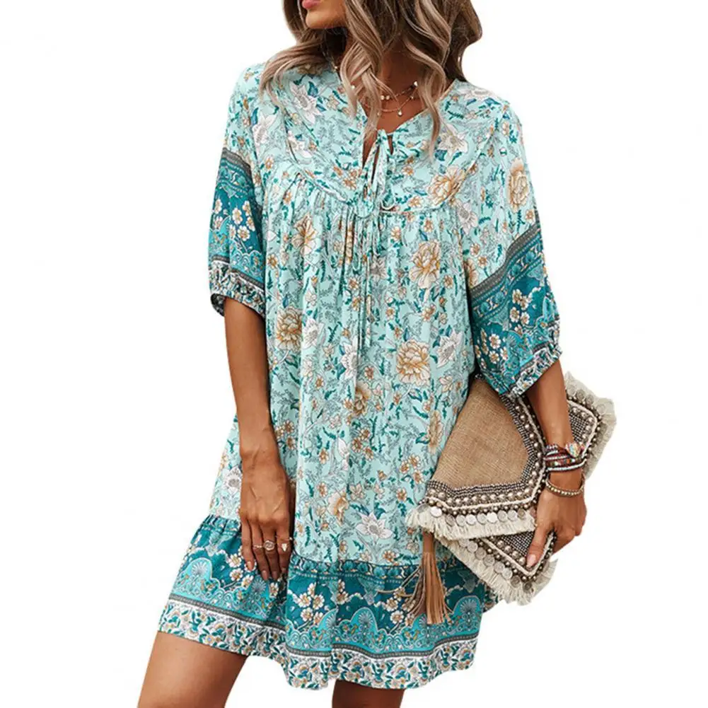 

Ethnic Print Woman Dress V-neck Beach Leisure Time On Vacation Long Sleeves Bohemian Dress Sukienka Damska Dress Women Summer