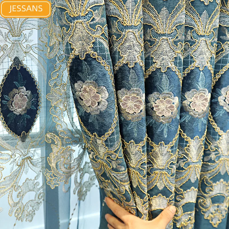 

High-end European Embroidered Embossed Chenille Blackout Curtains for Living Room and Bedroom Finished Products Customization