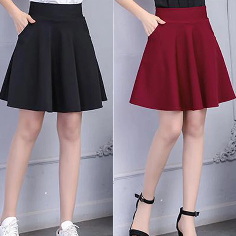

GAOKE Black Shorts Skirt Women 2022 Fashion Solid Color Pocket High Waist A-line Sun School Mini Skirt Female