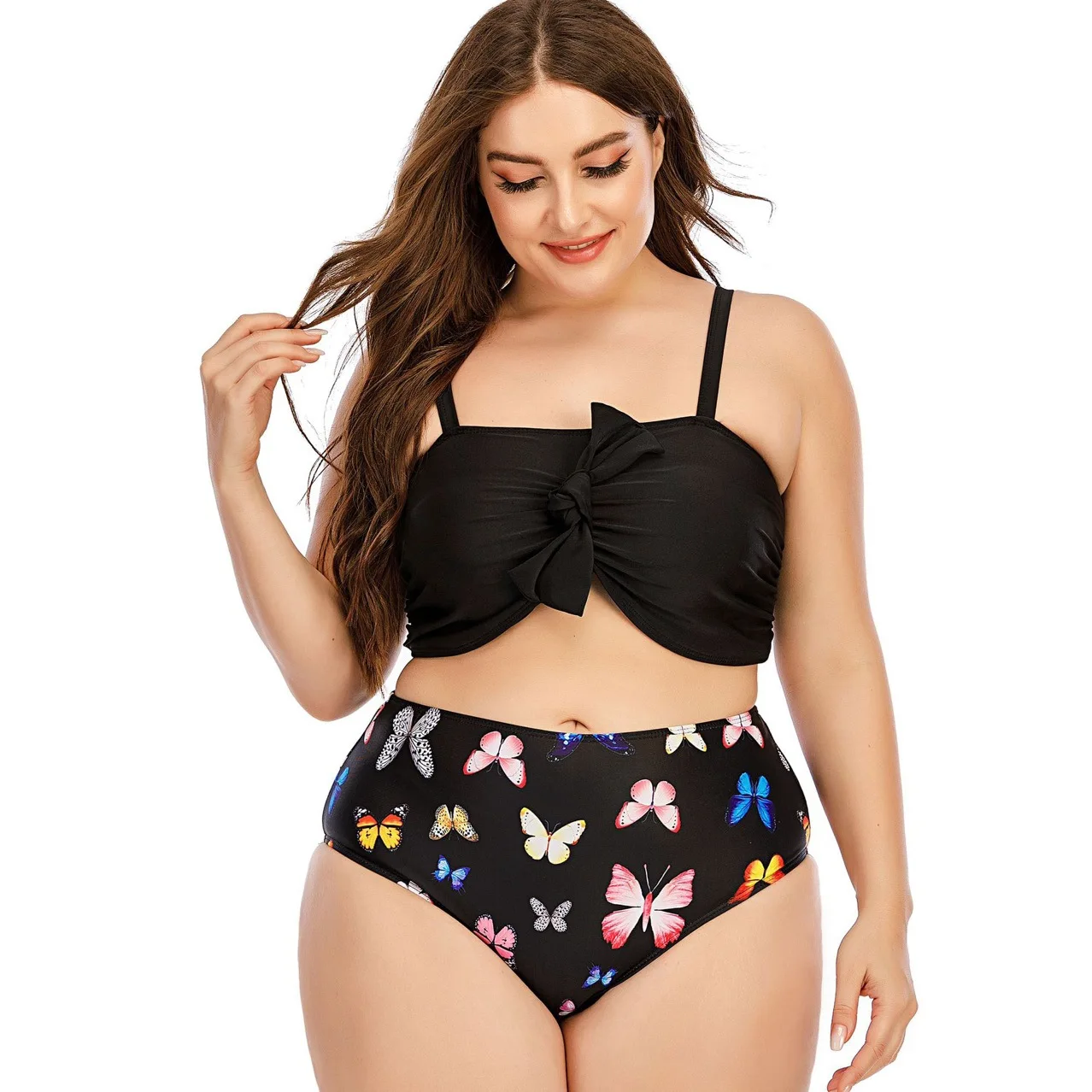 

2021 New Bikini Multi Color Printing Sling Knot High Waist Pleated Split Swimsuit