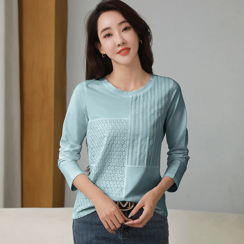 

TuangBiang 2022 Spring 3D Appliques Fashion Patchwork Cotton T-Shirts Long Sleeve Elegant Mint Green Tshirts O-Neck Ribbed Tops