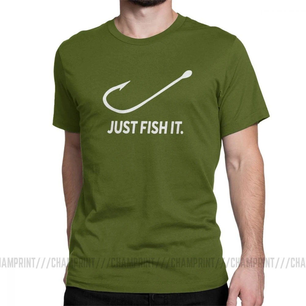 Fishing Just Fish It Fun, Мужская футболка, Фишер, мужские топы с коротким рукавом, новые футболки, хлопок, футболка с вырезом лодочкой - Цвет: Армейский зеленый