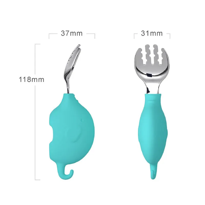 

2-Piece Children Spoon Fork Set 304 Stainless Steel Short Handle Elephant Pattern Kids Training Tableware Set with a Storage Box