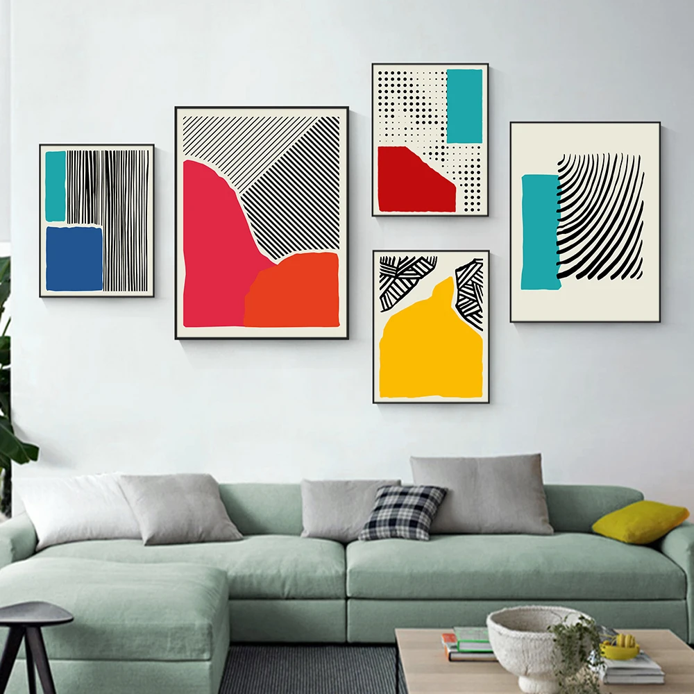 

Nordic Abstract Canvas Painting Yellow Red Green Colors Line Posters and Prints Living Room Modern Home Decor Wall Art Pictures