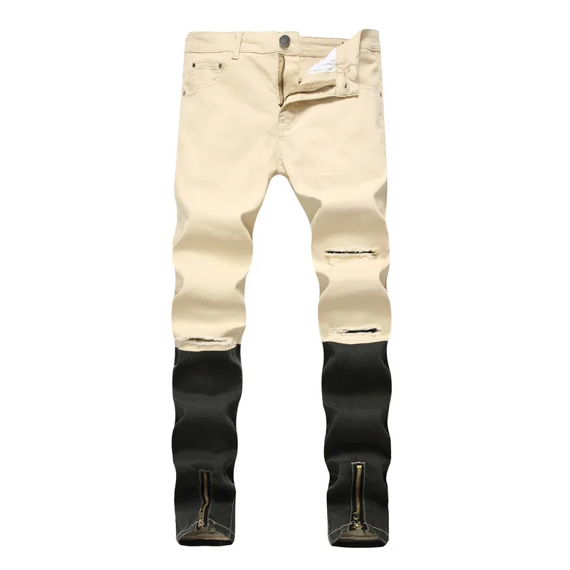 Streetwear Men's Jean Skinny Slim Fit Jeans Male Ripped Destroyed Holes Trousers Zipper Legs Pants White Khaki Blue For Men | Мужская