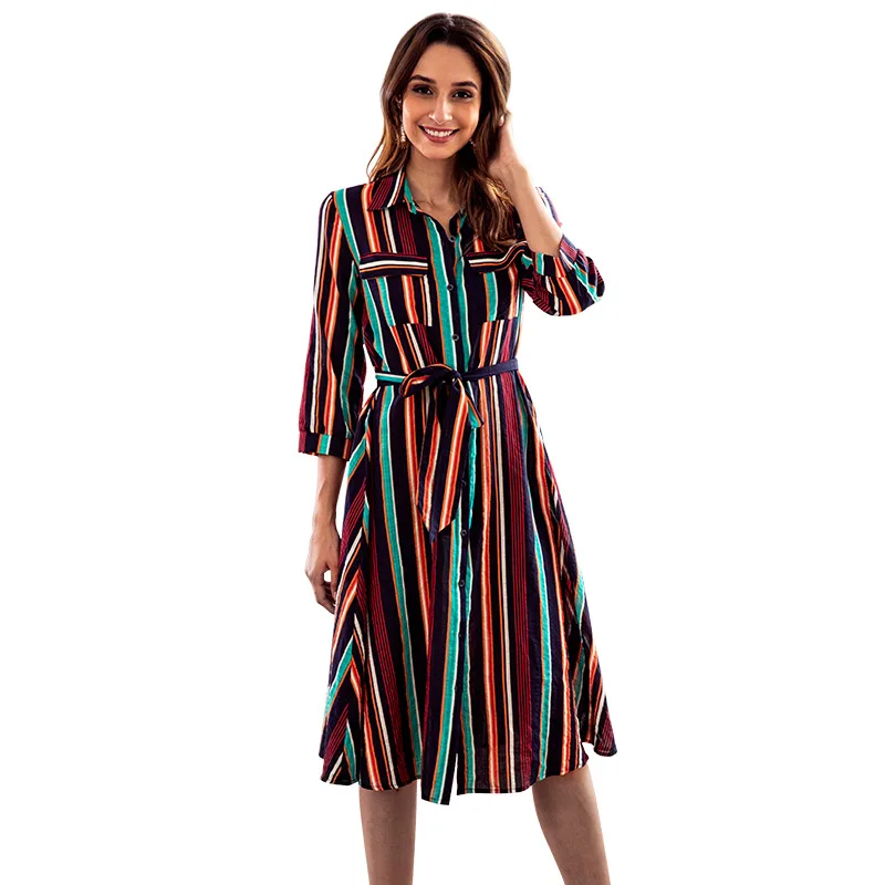 Deep Turn-down Collar Striped Dress High Waist A-line Sexy Female Summer Beach Party Casual Red | Женская одежда