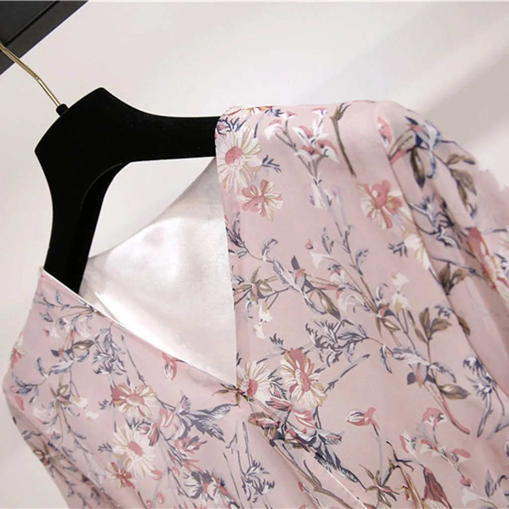 SAGACE Dress Women Casual Floral Printed A-Line Chiffon V-Neck Summer Holiday Elastic Waist Bandage Lady | Женская одежда