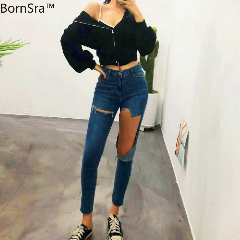 

Bornsra 2020 Women Big Hole ElasticTRipped Jeans Ankle-Length Pants Distressed Skinny Jeans Woman Zipper Fly High Female Jeans