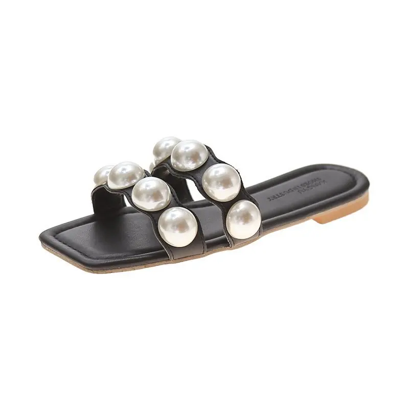 

Shoes String Bead Woman's Slippers Low Luxury Slides Square Toe Beige Heeled Sandals 2021 Designer Summer Rubber Black Soft PU S