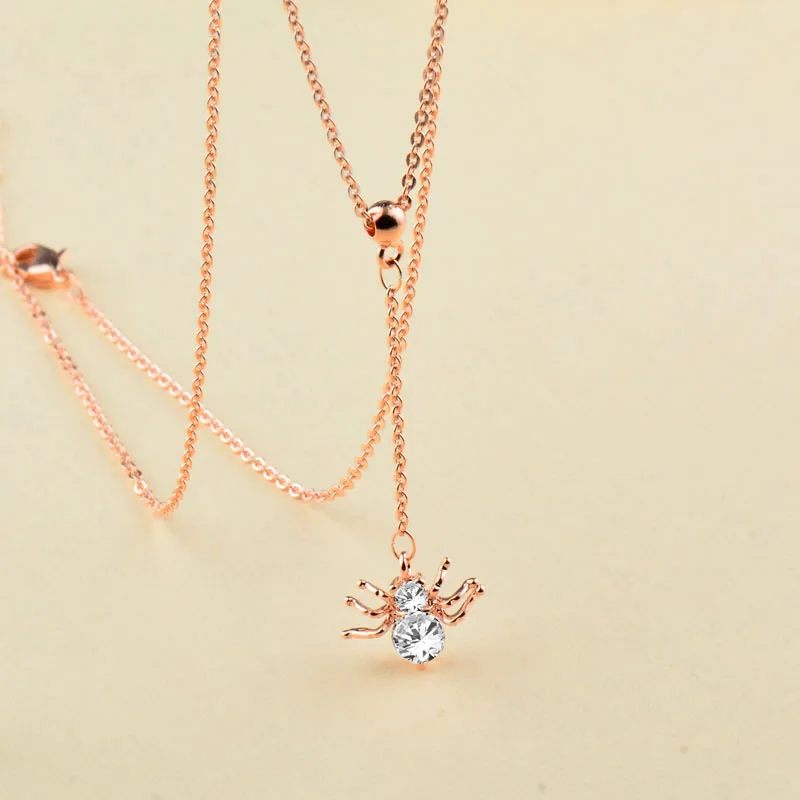 SINLEERY Cute Spider Pendant Necklace Rose Gold Color Chian Round Clear Cubic Zirconia Choker Necklace Women Jewelry XL045 SSC