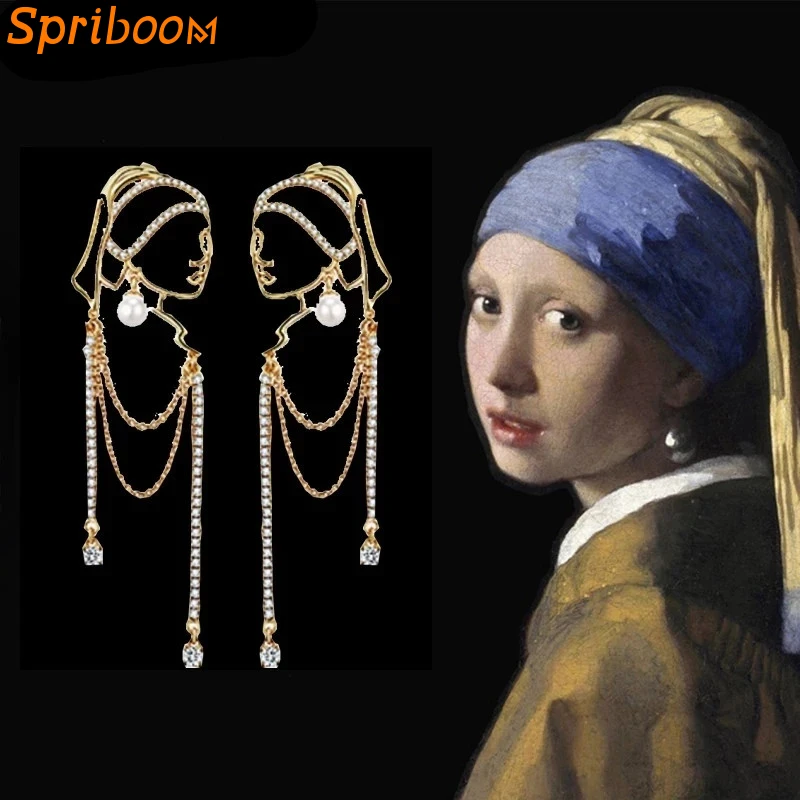 

Girl with Pearl Earrings for Women Crystal Chain Tassel Stud Earring Personality Hyperbole Long Earings Vintage Portrait Jewelry