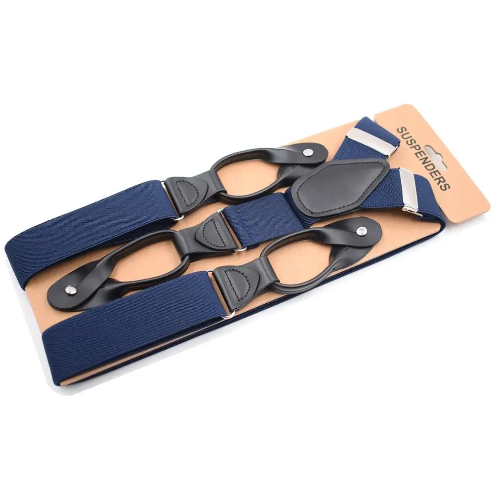 Мужские подтяжки темно-синие кожаные на пуговицах для свадебного банкета