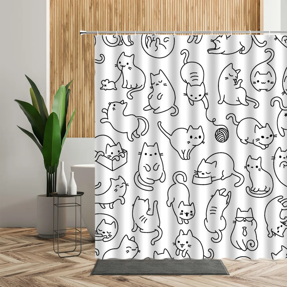 cartoon cat shower curtain set lovely cute cats animal kids bathroom decor waterproof child bath cloth home curtains accessories free global shipping