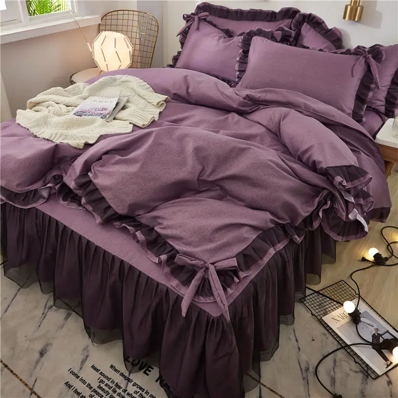 

Purple lace Bedding Set twin Full Queen King Bedspread princess Duvet Cover set Pillowcase girls lace bed skirt solid bedclothes