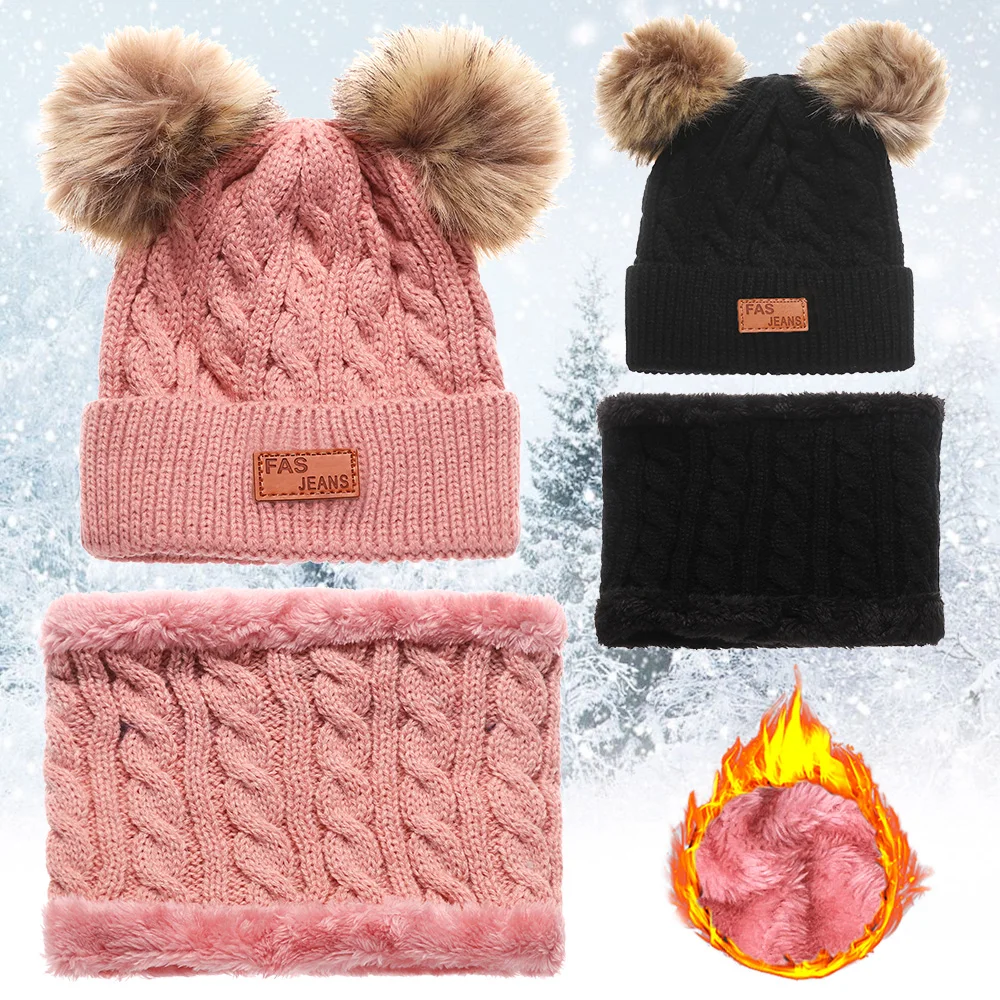 

Two pieces Hat Scarf Set Beanie Cap Children's Hats Girls Caps Fake Ball Pompon Keep Warm Winter Knitted Skullies Kids Bone