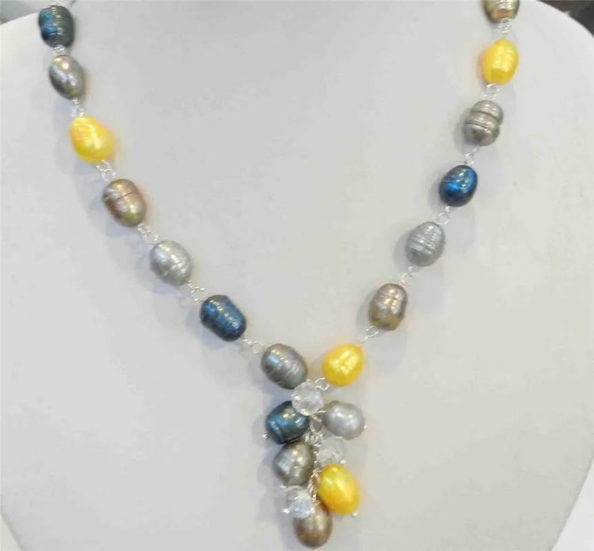 

10-11MM NATURAL TAHITIAN MULT-COLOR PEARL NECKLACE 18" CRYSTAL & PEARL PENDANT