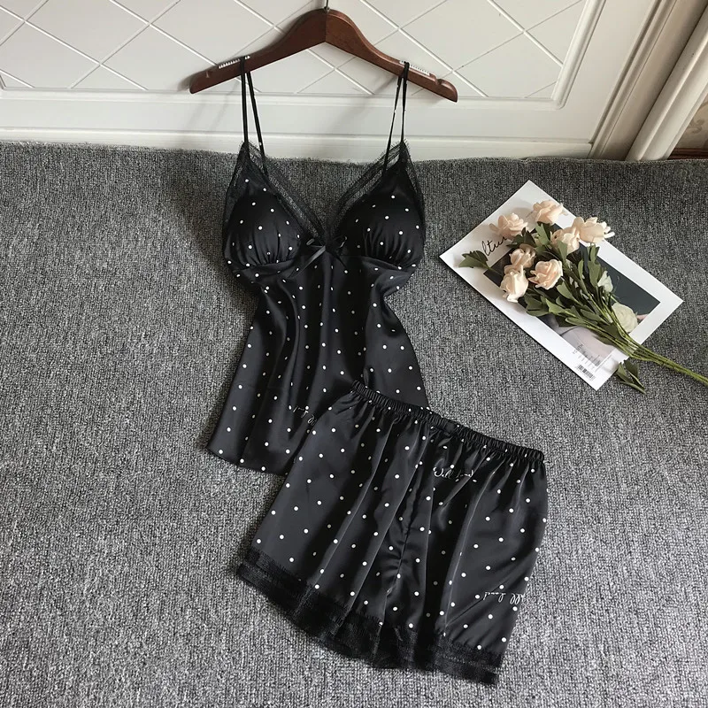 QWEEK Woman's Summer Sexy Nightwear - Two Piece Satin Pyjama Set with Lace Chest Pad and Artificial Silk - Home Suit image 3
