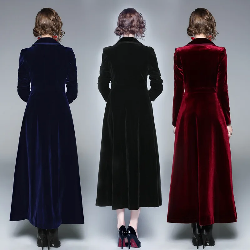 

Women's coat Winter Runway Designer Women Vintage Notched Collar Wrap Black Velvet Maxi Coat Thick Warm Long Trench Coat Outwear
