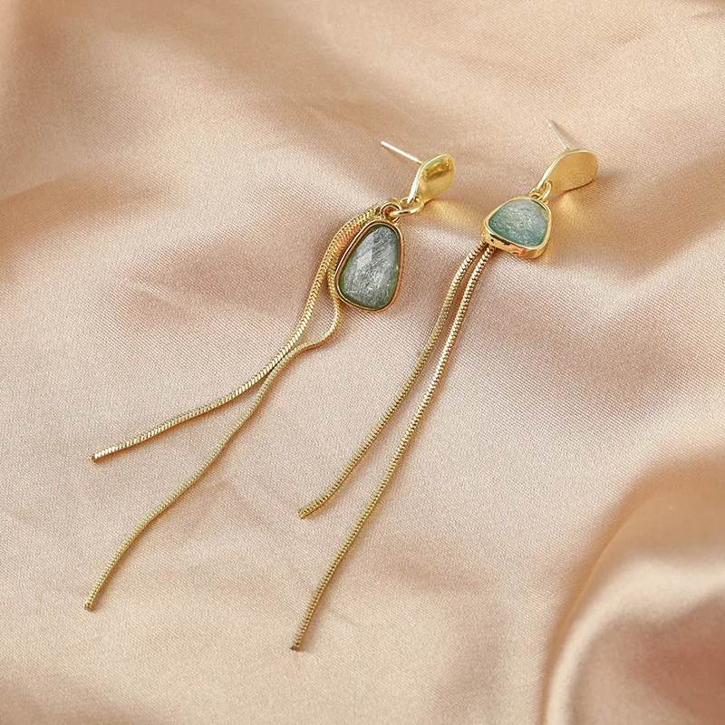 Корейские элегантные висячие серьги в форме капли для женщин с зелеными