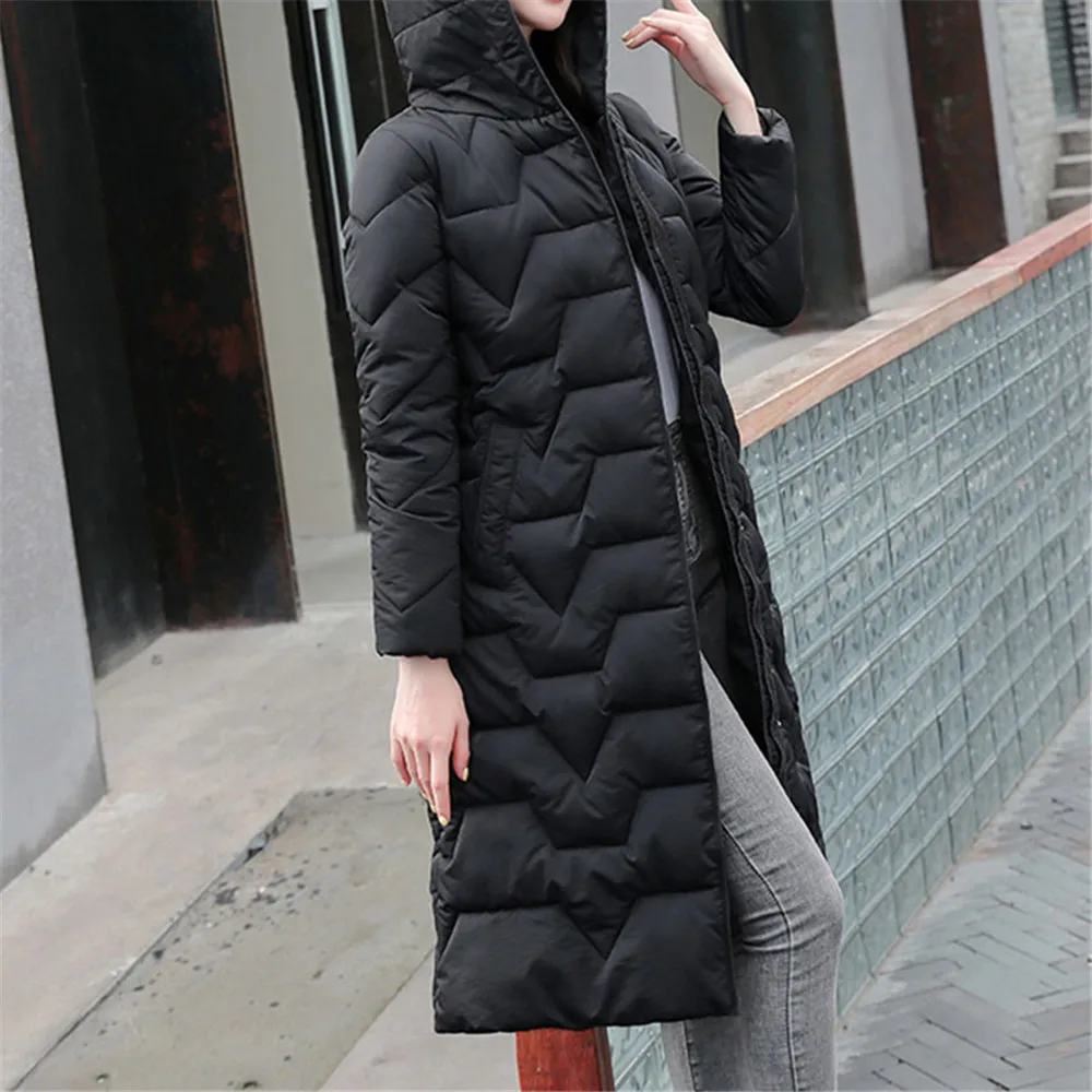 Зимняя женская куртка 2020 длинное пальто с капюшоном и хлопковой подкладкой