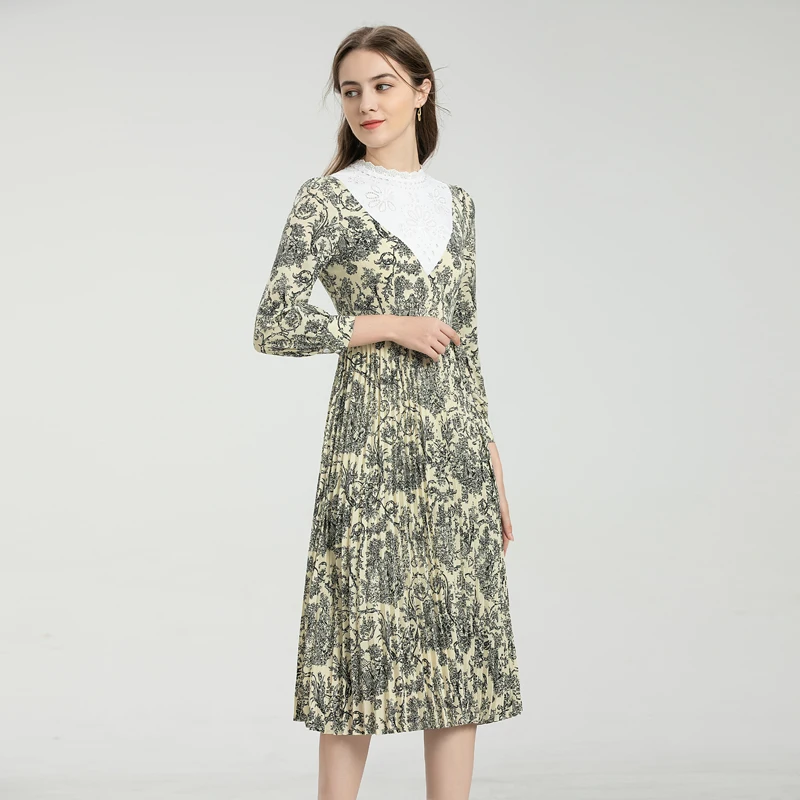 

Runway 2021 Spring New Women Embroidered Patchwork Collar Long Sleeve Printing Pleated Fashion Retro Elegant Midi Dress