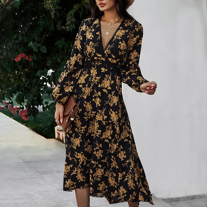 

Dresses for Wome American Fashion Floral Print Dress 2021 Spring and Summer New Sexy V-neck Temperament Commute Dress