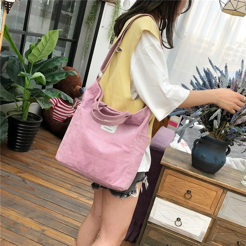 

Women Corduroy Bag Large Shoulder Bags Stripe Cloth Handbag Tote Female Crossbody Messenger Bags Ladies Canvas Zipper Purses