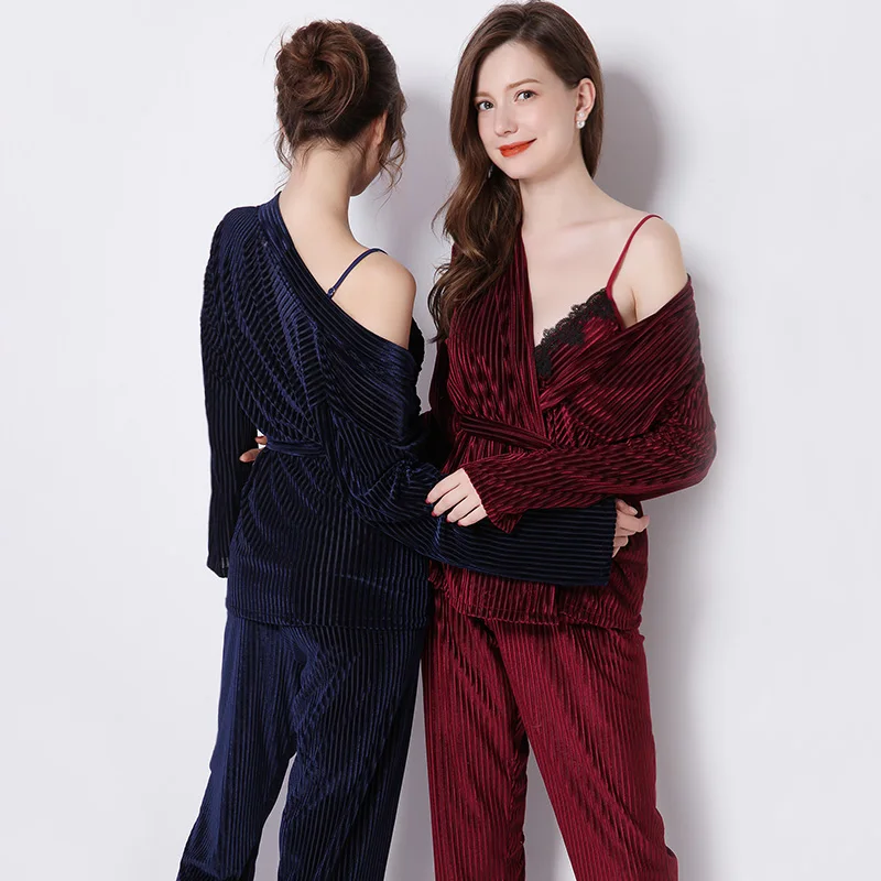 Осенне-зимние Бархатные пижамы для женщин теплая одежда сна с v-образным вырезом
